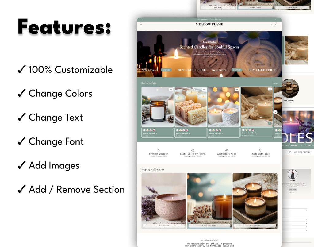 Meadow Flames Theme | Candle Store Shopify Theme | Olive Green E-Commerce Template (Digital Download)