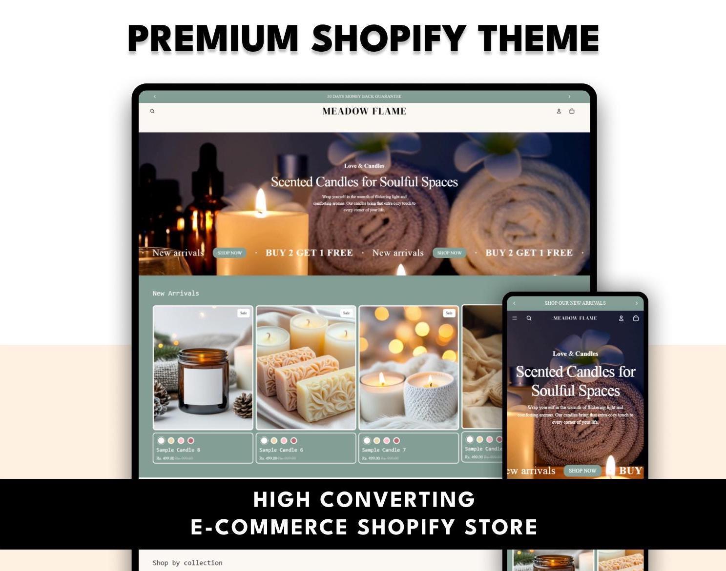 Meadow Flames Theme | Candle Store Shopify Theme | Olive Green E-Commerce Template (Digital Download)