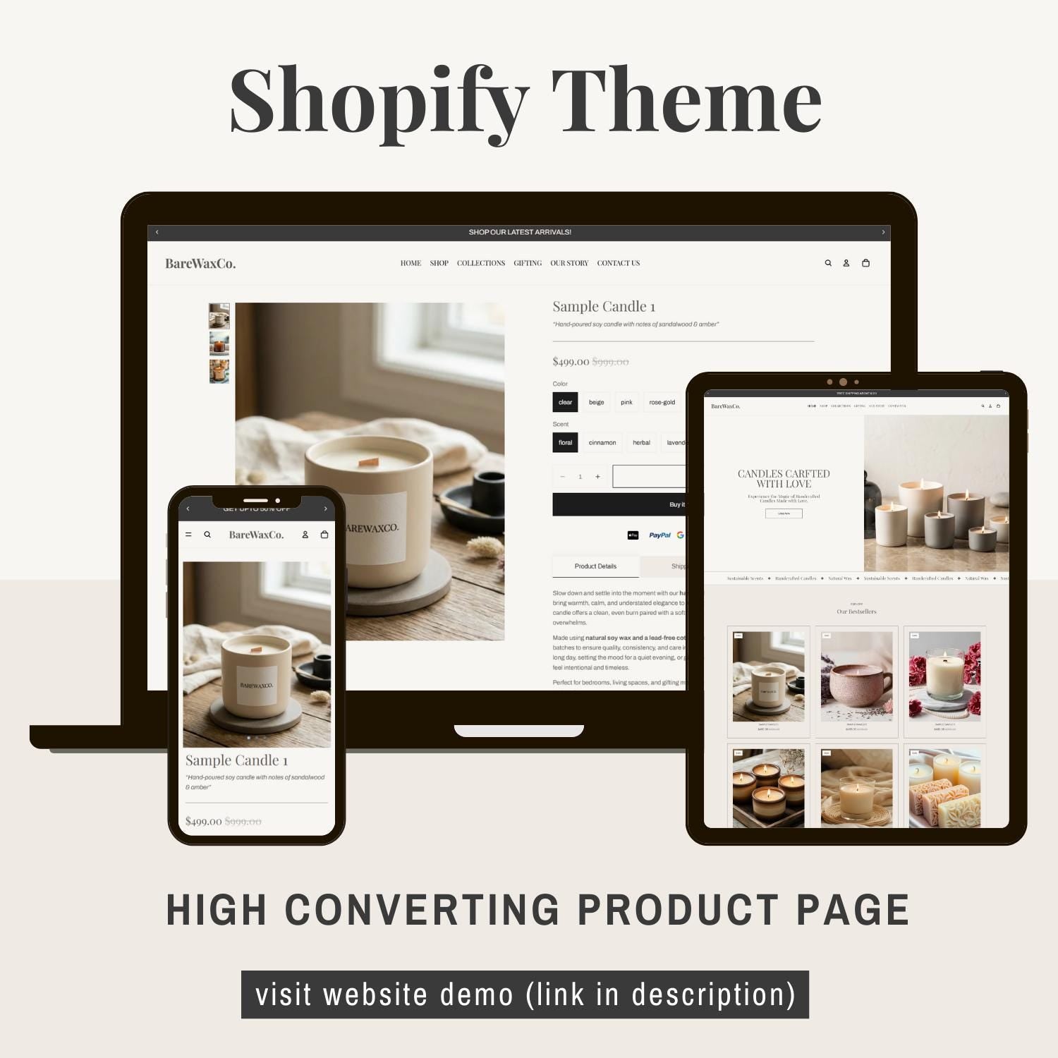 BareWaxCo Theme | Candle Store Shopify Theme | Beige and Grey E-Commerce Template with Product Page