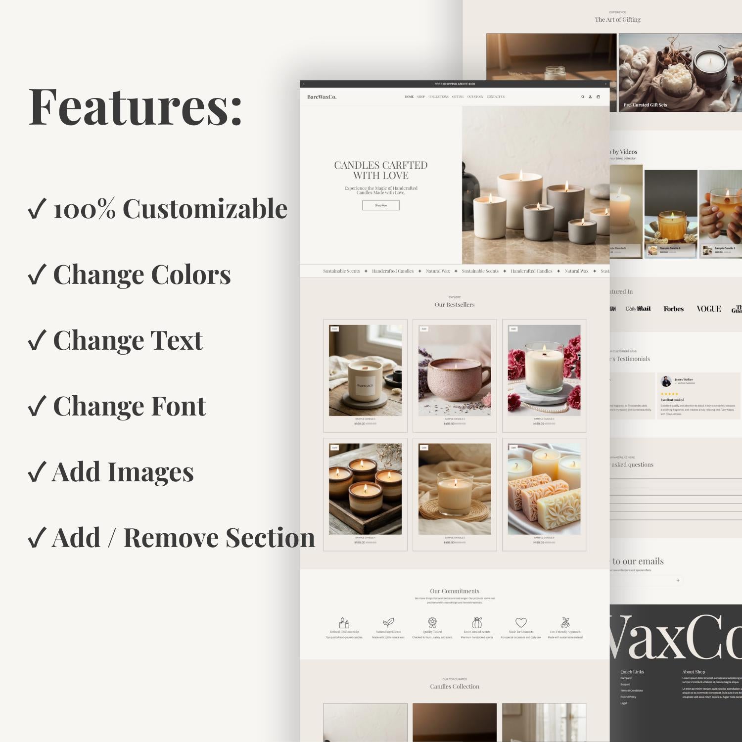 BareWaxCo Theme | Candle Store Shopify Theme | Beige and Grey E-Commerce Template with Product Page